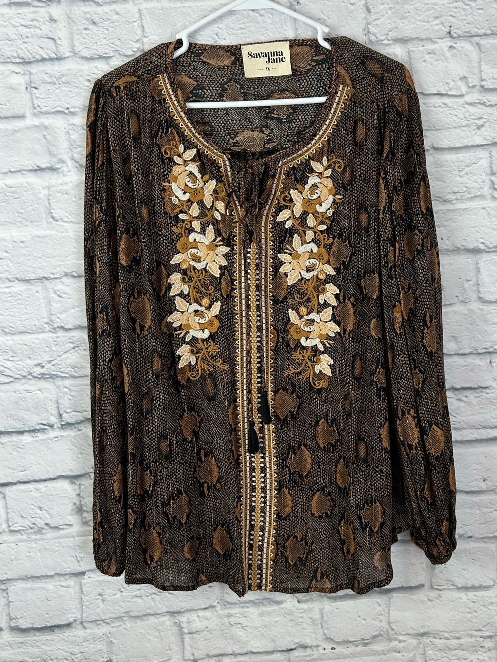 Savanna Jane 1X Snake Print Embroidered Boho Tunic Blouse Metallic Peasant Top